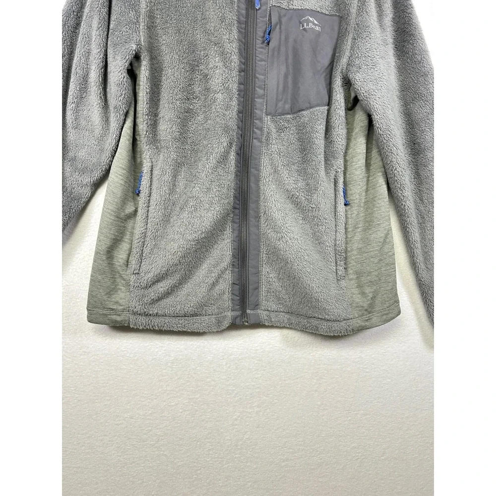 LLBean Mens Fleece Jacket Full Zip Gray Blue Trim‎ Pockets Size Medium